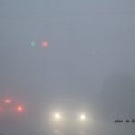 赤と青が同時に点灯する霧の中の信号　2014.12．30　栃木県小山市